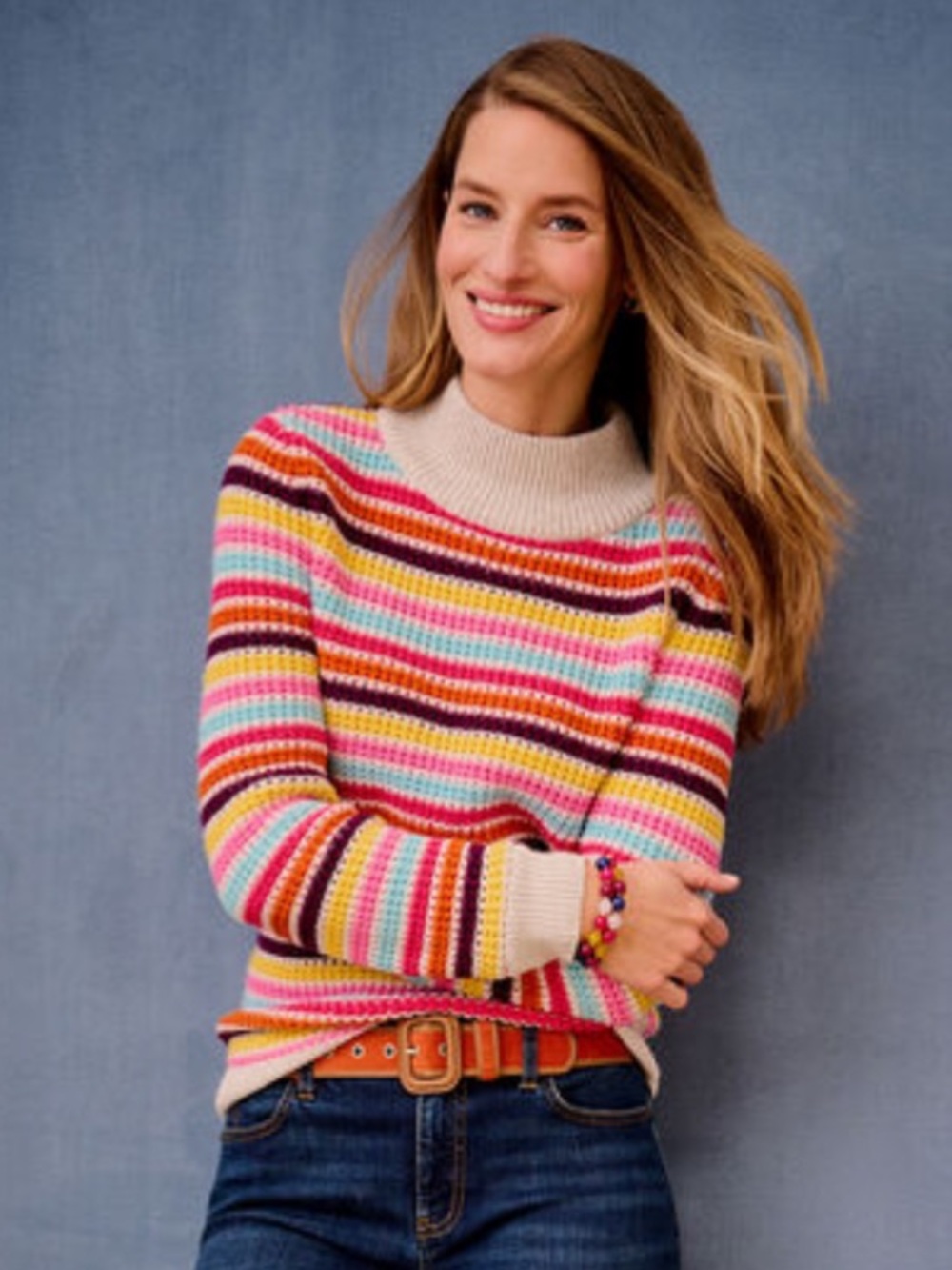 Talbots Mockneck Sweater Happy Stripe Cotton Blend Pullover Top Medium M